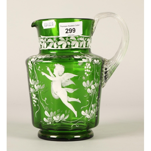 299 - Mary Gregory green glass jug, 20cm high