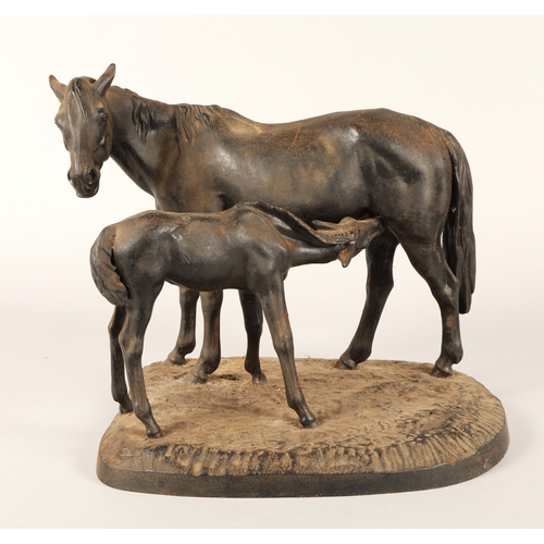 303 - Russian bronzed figure of mare & foal on oval base, mark to base CCCP