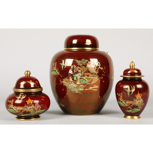 37 - Carltonware rouge royale ginger jar and cover with chinoiserie decoration and two similar jars and c... 