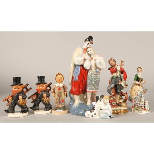 40 - Collection of figures to include two Hummel Chimney Sweep figures and clown boy, Polonsky vintage Ru... 