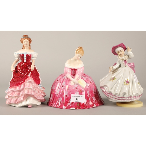 6 - Three figures to include two Royal Doulton Sweet Sixteen HN3648 and Victoria HN2471, and another fig... 