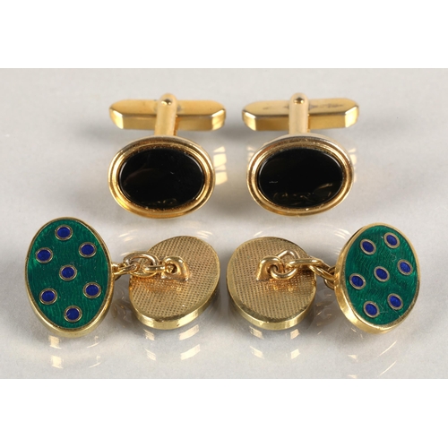 61 - Set of yellow metal enamelled cufflinks, and another set