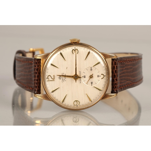 64 - 9ct gold Smiths gents wristwatch with subsidiary dial on leather strap, engraved to back