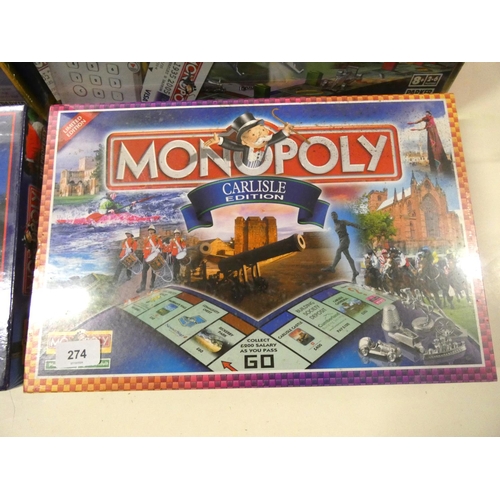 274 - Four boxes of new Monopoly to include Carlisle edition.