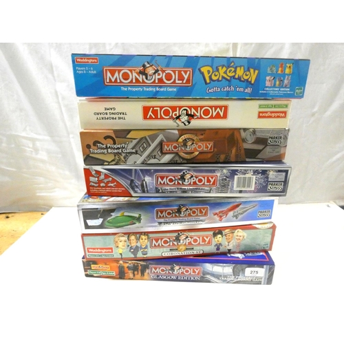 275 - Seven modern Monopoly board games to include Glasgow edition, Pokémon etc.