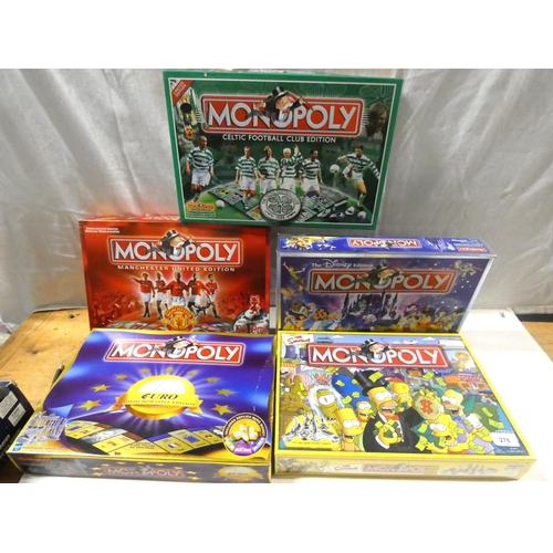 278 - Six modern Monopoly board games to include Simpson's, Manchester United, Disney, Celtic etc.