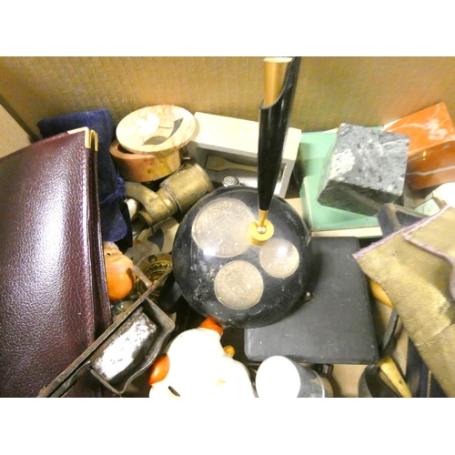 292 - Large box of vintage curios to include wick trimmer, pen stand, silhouette etc.