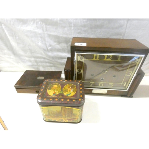 296 - Mahogany Art Deco mantel clock, antique part drawing set and tin.