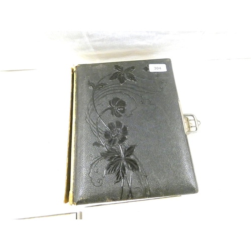 304 - Leather bound Victorian photo album and two Deborah Hiatt tiles.