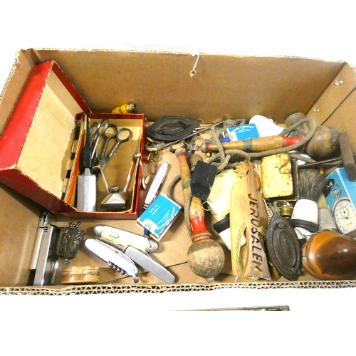 305 - Large box of vintage curios to include fruit knives, lighters, whistles etc.