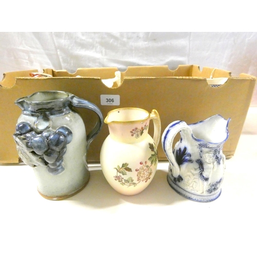 306 - Collection of three antique jugs and a fruit bowl.