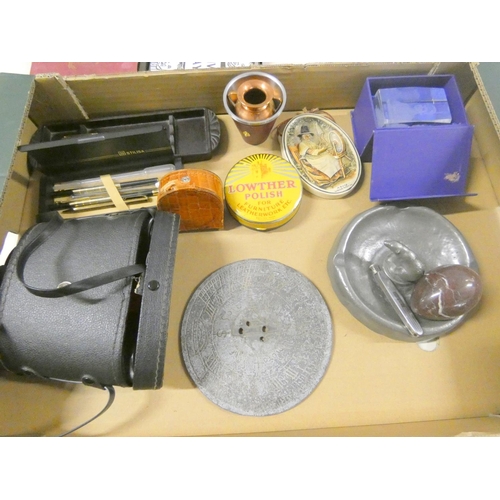 307 - Large box of binoculars, sun dial (a/f), pens, books, pewter etc.