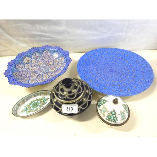 313 - Two enamel Persian ware wall plates and trinket pots.