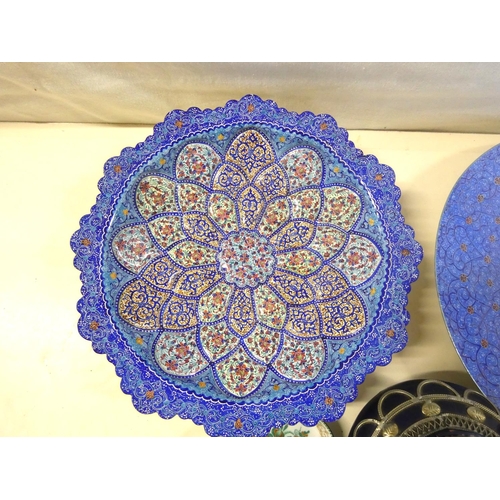 313 - Two enamel Persian ware wall plates and trinket pots.