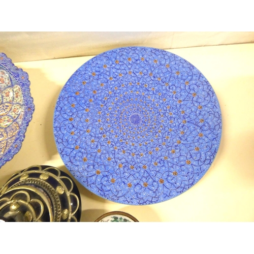 313 - Two enamel Persian ware wall plates and trinket pots.