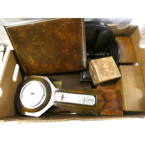 317 - Large box of treen boxes, oak barometer etc.