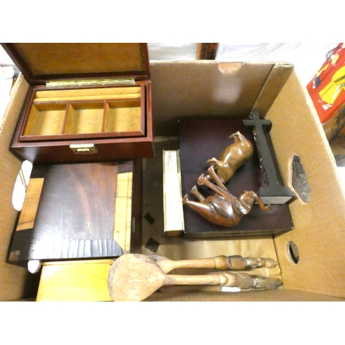 318 - Large box of treen to include jewellery box, puzzles etc.