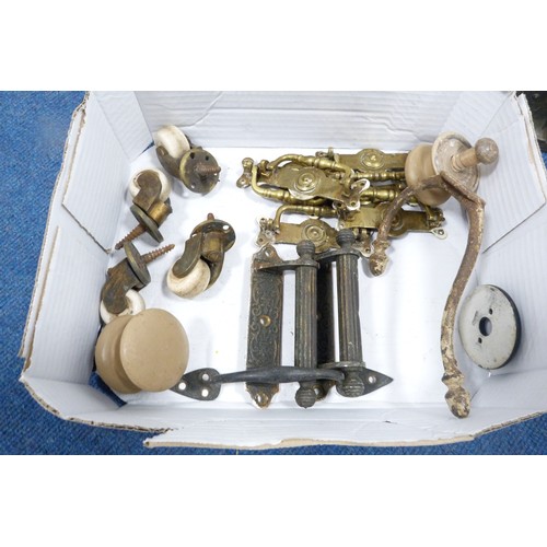 388 - Quantity of brass and other door handles, castors, name punch etc.