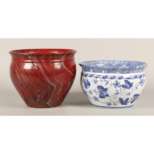 499 - Blue and white Regency Ironstone jardiniere and another marbled red