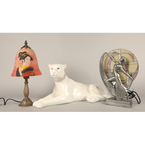 505 - White leopard ornament and two table lamps.