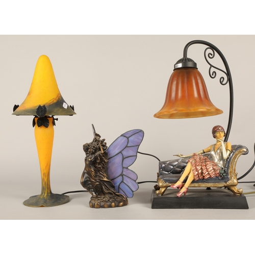 520 - Three decorative table lamps to include Art de France mushroom lamp, stained glass fairy, and art de... 