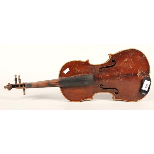 628 - Violin with bow & case, in need of restoration