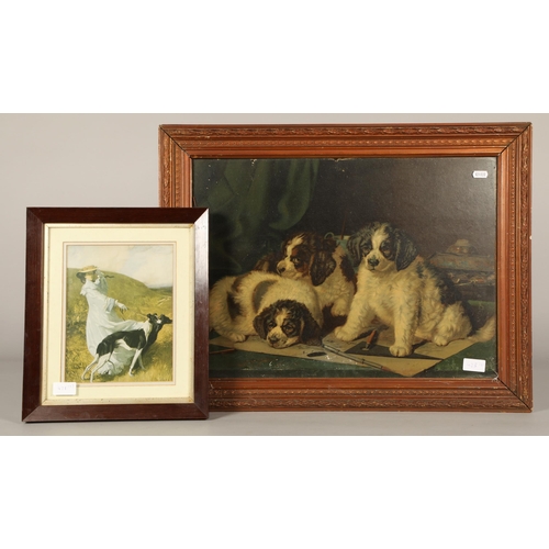 428A - Antique framed print, three puppies, and another of a woman with dog (2)