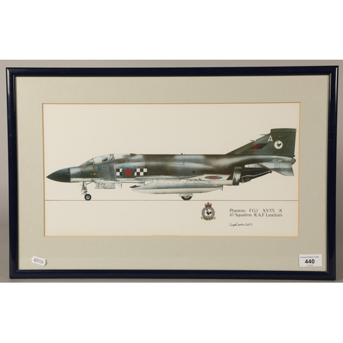 440 - Framed print, 'Phantom FG.1 XV571 'A' 43 Squadron, RAF Leuchars', signed and dated Feb '77