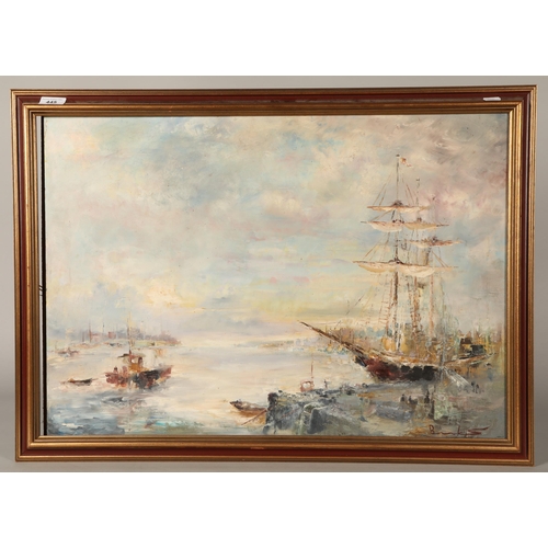 445 - Ship sceneIndistinctly signed, Framed oil painting on board49cm x 71cm