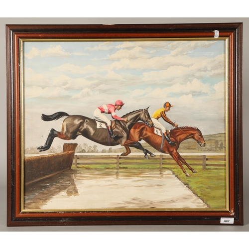 447 - Leesa Sandys-Lumsdaine (1936 - 1985)Horse Racing scene Framed oil on canvas49cm x 59cm... 