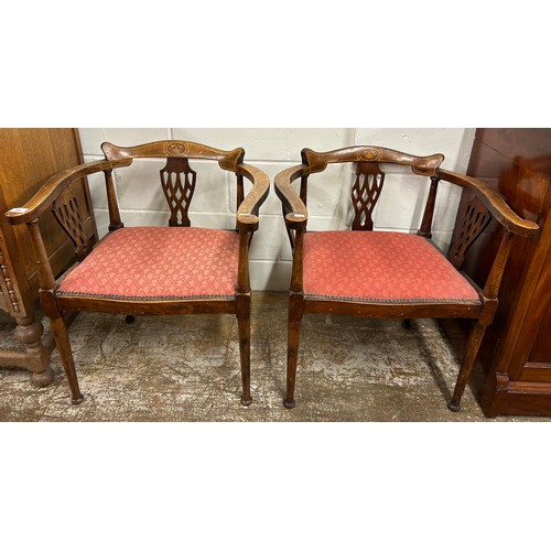 586 - Pair marquetry inlaid mahogany tub chairs in pink upholstery 