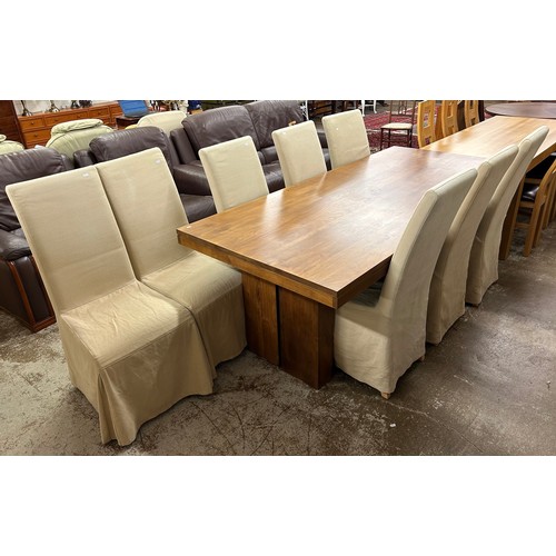 587 - Modern hardwood dining table with eight matching upholstered chairs 