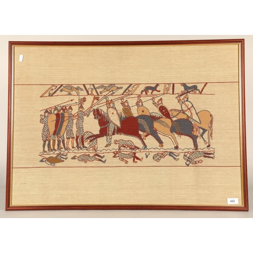 453 - Framed Bayeux Tapestry needlework, 59cm x 84cm