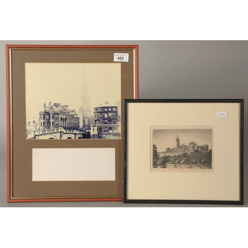 462 - Four framed pictures including James Macintyre etching of Glasgow University, photographs, and a pen... 