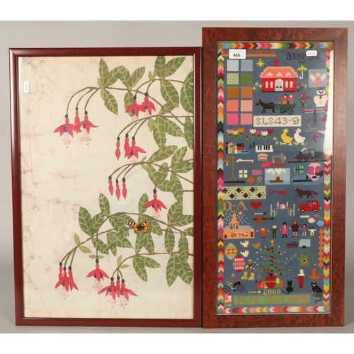 466 - Four framed pictures & wall mirror, to include batik, needlework, etc