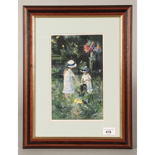 478 - Artist UnknownGirls picking flowersIndistinctly signed, Framed watercolour25.5cm x 15.5cm... 