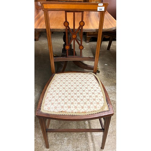 596 - Mahogany floral upholstered bedroom chair with inlaid detail