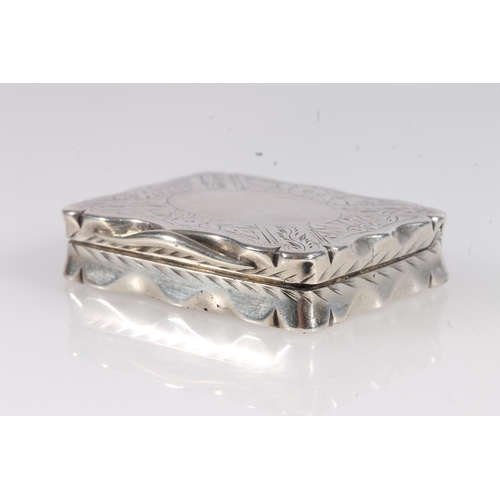 102 - Antique Victorian silver snuff box of rectangular shape with serpentine edge having incised floral d... 