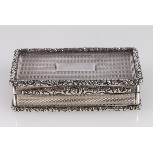 55 - Antique William IV silver snuff box of rectangular shape, the body with engine turned design all ove... 