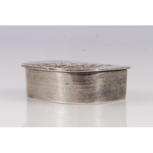 56 - French import silver snuff or pill box of pouch shape, the hinged lid decorated in high relief with ... 