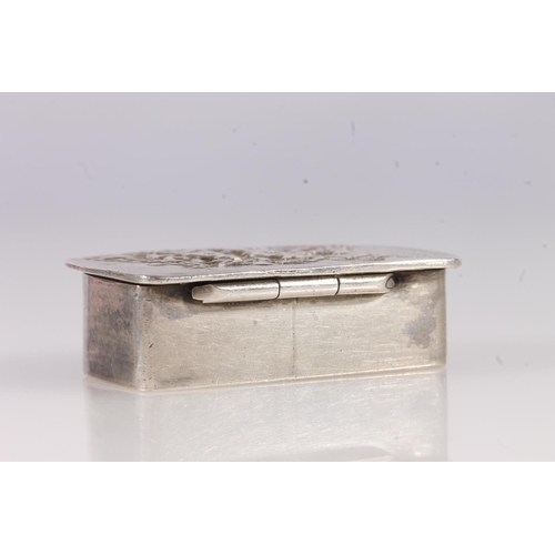 56 - French import silver snuff or pill box of pouch shape, the hinged lid decorated in high relief with ... 