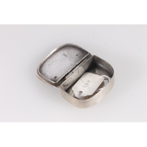 56 - French import silver snuff or pill box of pouch shape, the hinged lid decorated in high relief with ... 