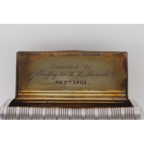 58 - Antique Georgian silver snuff box of pillow form, the body decorated with reeded design, the interio... 