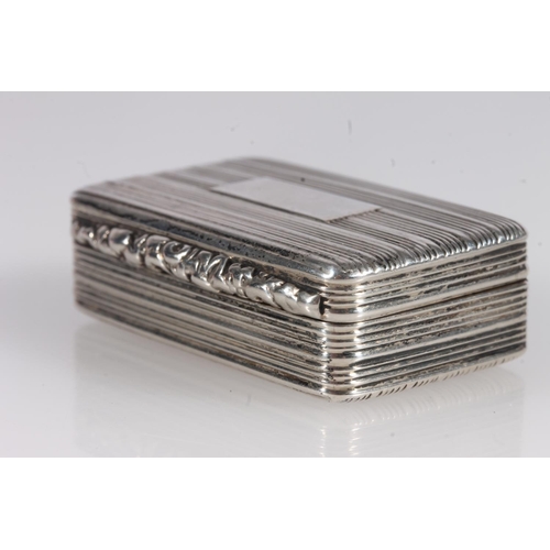 60 - Antique William IV silver snuff box of rectangular shape with all over reeded decoration, the thumb ... 