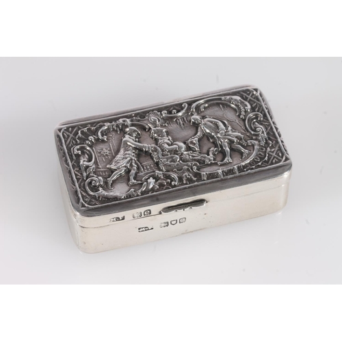 61 - Antique late Victorian silver snuff box of rectangular shape, the hinged lid decorated with repouss&... 