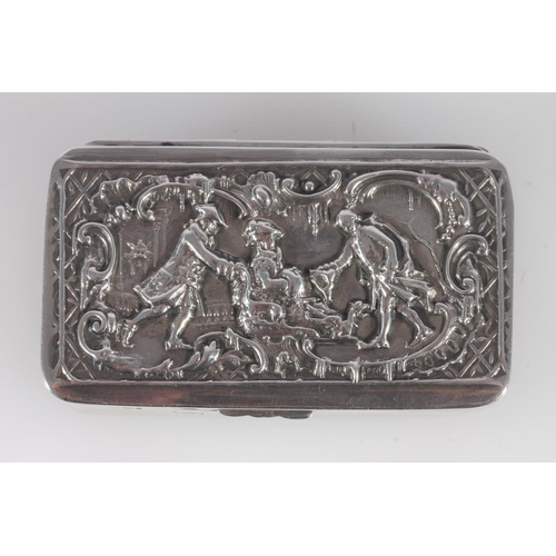 61 - Antique late Victorian silver snuff box of rectangular shape, the hinged lid decorated with repouss&... 