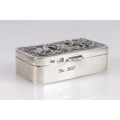 61 - Antique late Victorian silver snuff box of rectangular shape, the hinged lid decorated with repouss&... 