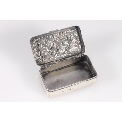 61 - Antique late Victorian silver snuff box of rectangular shape, the hinged lid decorated with repouss&... 