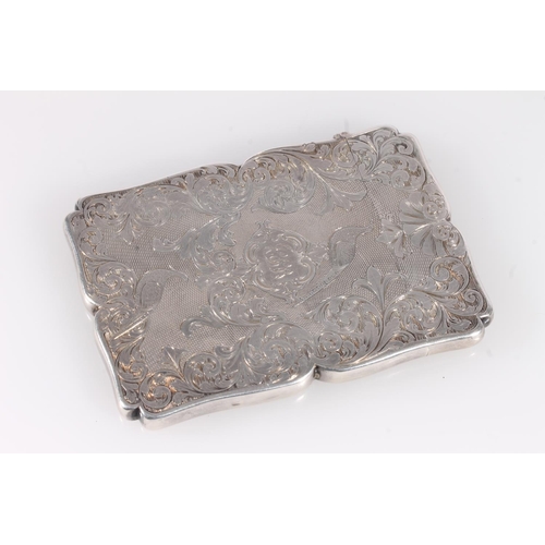 62 - Antique Victorian silver card case of rectangular form having serpentine edge, the body with engine ... 