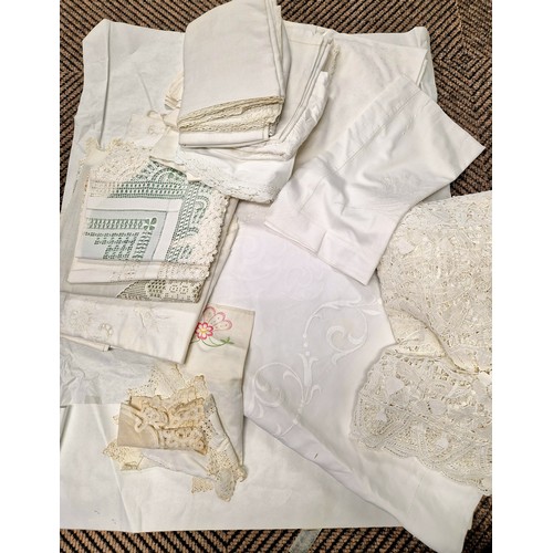 377 - Collection of lace edged and embroidered table linen and bed linen, including Cypriot lace etc